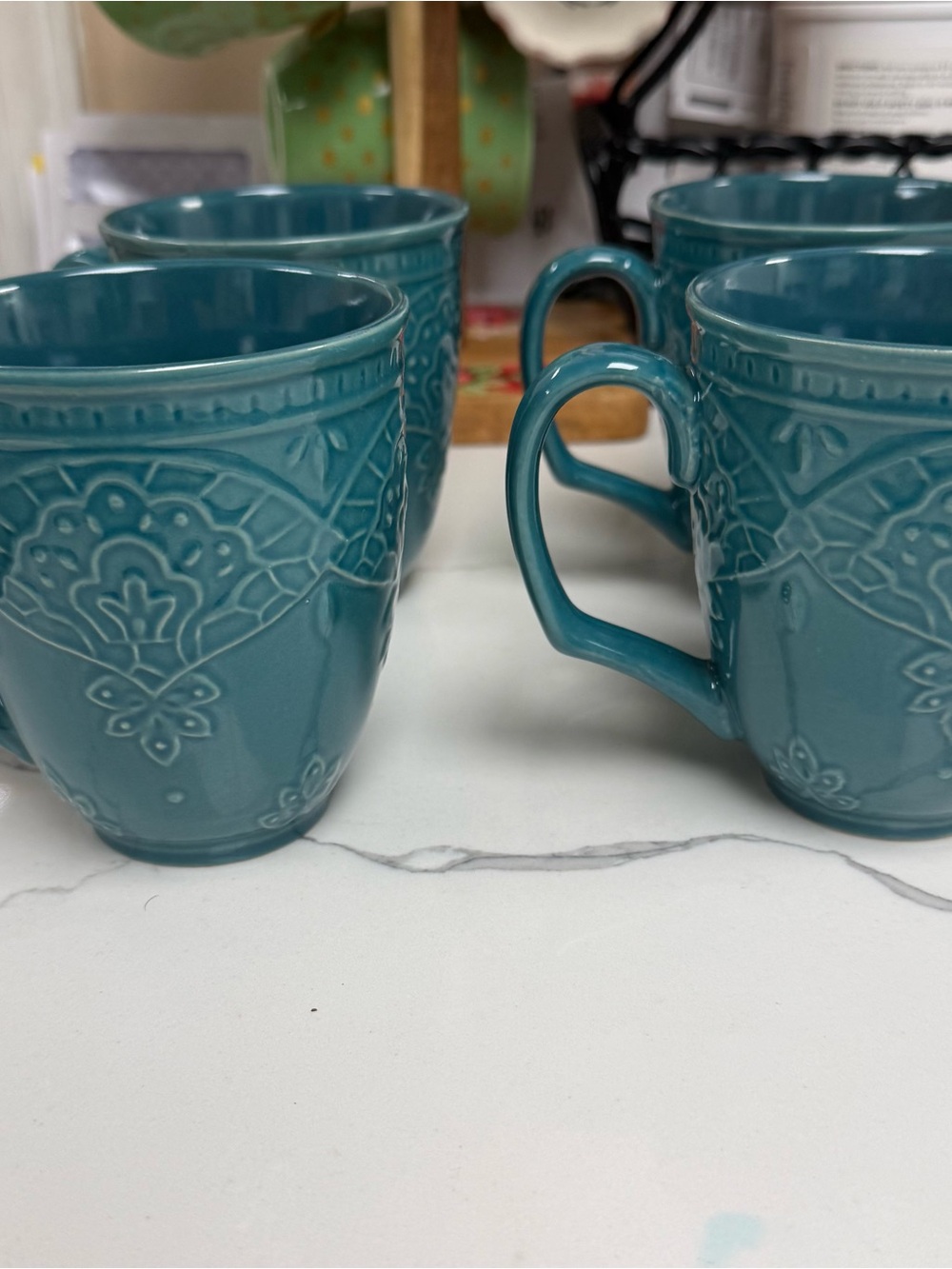 The Pioneer Woman Teal Embossed Ceramic Mugs - Pack of 4